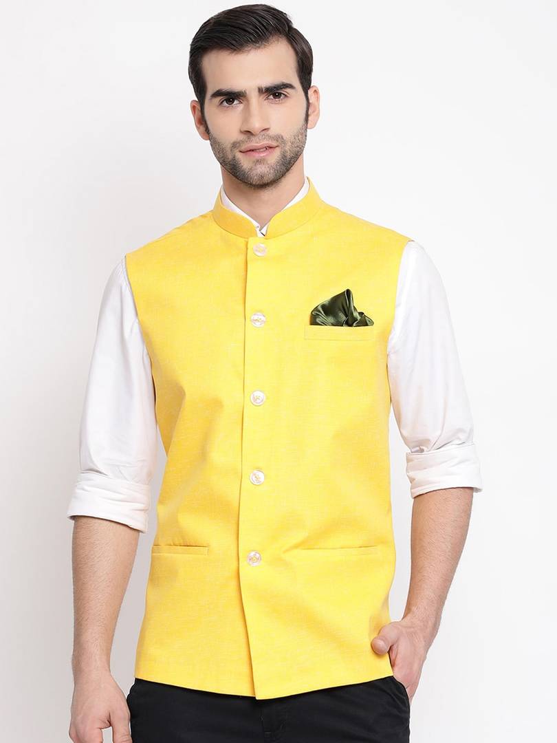 Men's Yellow 
Cotton Blend
 Woven Design Nehru Jackets